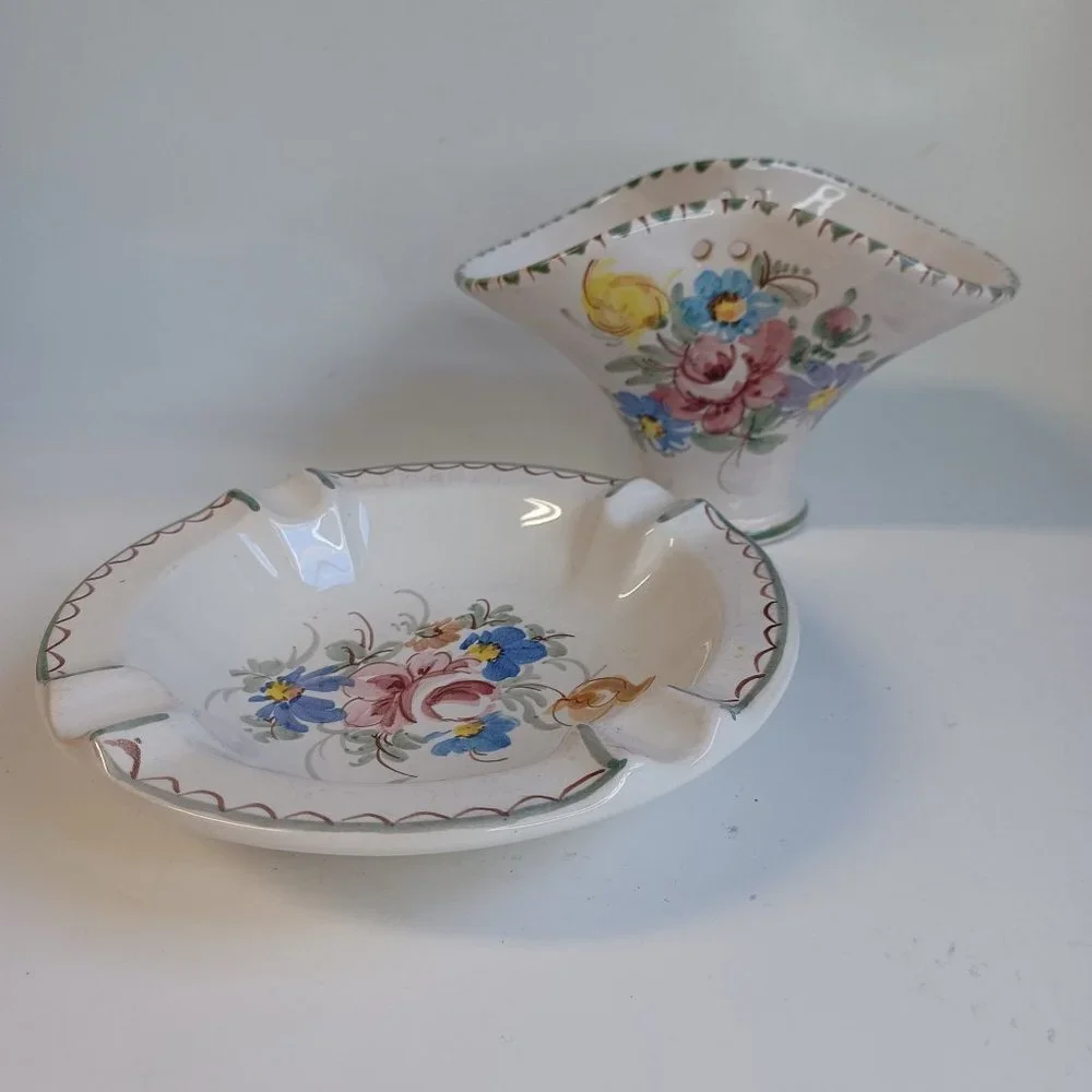 Vintage Ulmer Keramik Basket and Dish Hand Painted Floral Pottery Missing Handle